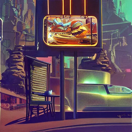 Prompt: painting of syd mead artlilery scifi fish tank with ornate metal work lands on a sidewalk,, volumetric lights, syd mead