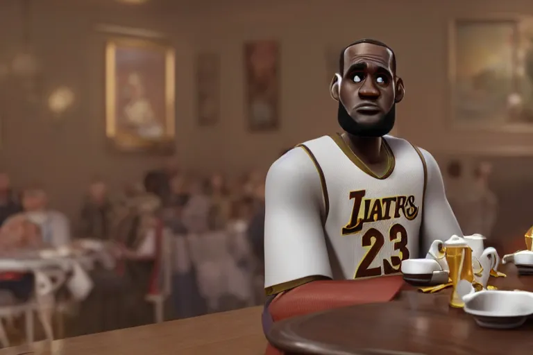 Prompt: lebron james solemn at tea party, melancholy, still from a pixar movie, high quality 3 d render, movie, pixar, renderman, 4 k, artstation