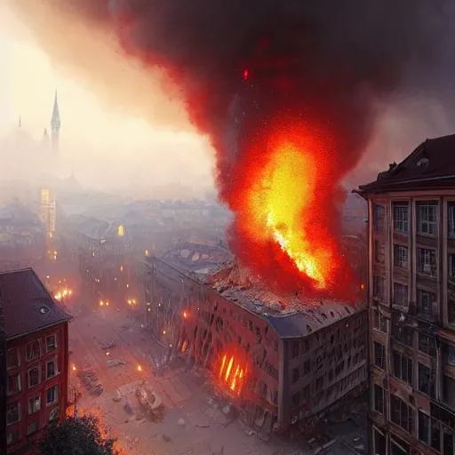 Image similar to city of munich destroyed by a meteor!!!, rubble!!, fires!! hyperrealistic, highly detailed, cinematic, foggy light from fires, beautiful, cgssociety, artstation, 8 k, oil painting by greg rutkowski, by artgerm, by wlop