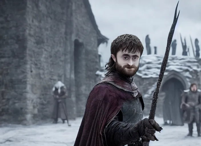 Image similar to daniel radcliffe as gelthinors in game of thrones, holding out a wand, live action film, cinematic photo, clear hd image