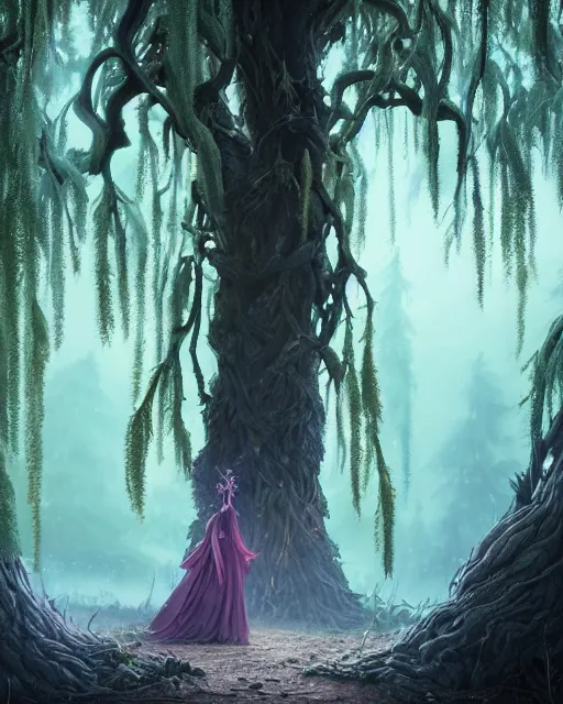 Image similar to highly detailed surreal vfx portrait of a cursed crown in a shadowy forest by a willow tree, stephen bliss, unreal engine, greg rutkowski, loish, rhads, beeple, makoto shinkai and lois van baarle, ilya kuvshinov, rossdraws, tom bagshaw, alphonse mucha, global illumination, detailed and intricate environment