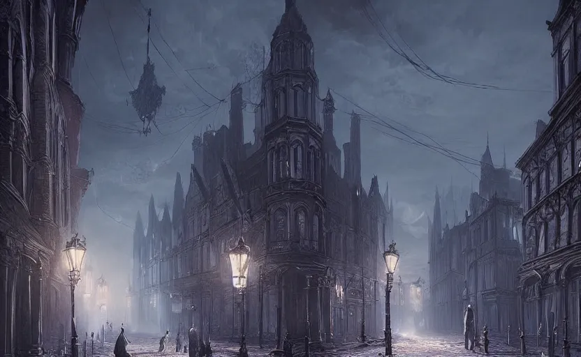 Prompt: Victorian city streets night, bloodborne, Raphael Lacoste