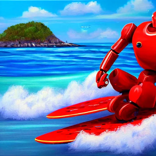 Image similar to red robot surfing the wave, island in the background, oil painting, tropical style, 3 d digital art