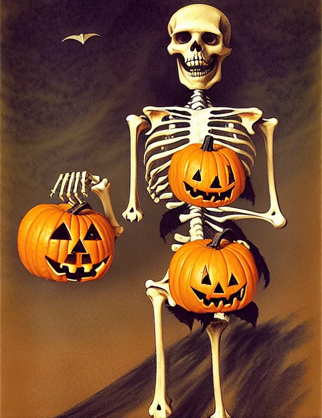 Image similar to a skeleton, holding a jack - o - lantern, as a matte oil painting and d & d character art, by gustave caillebotte, standing, fullbody, flying bats, loose pages, concept art, award - winning, extremely detailed, sharp focus