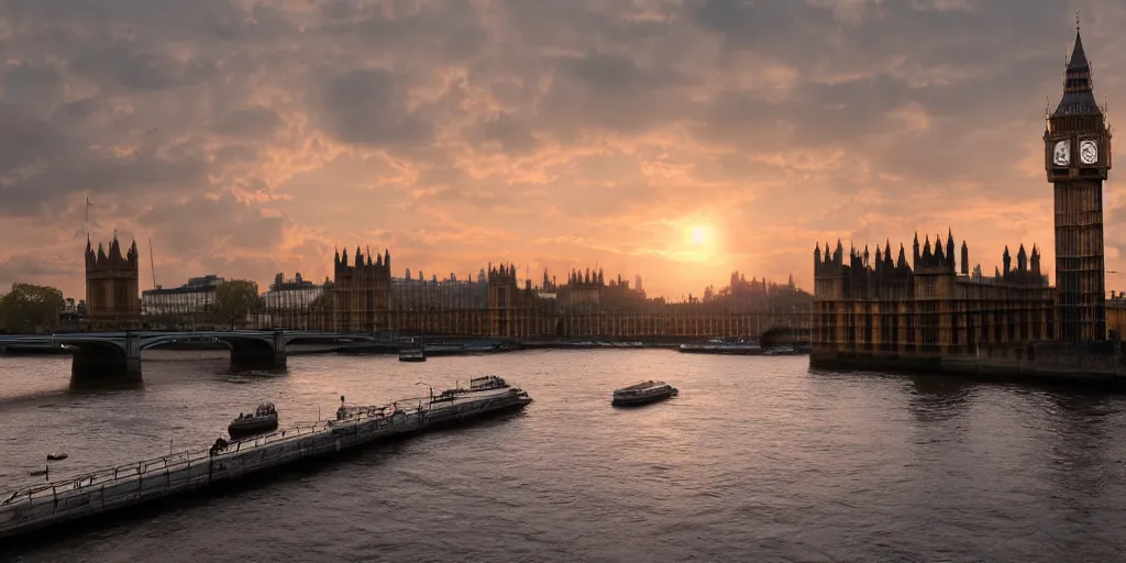 Prompt: london in the 1800s, sun set, photorealistic, 8k,