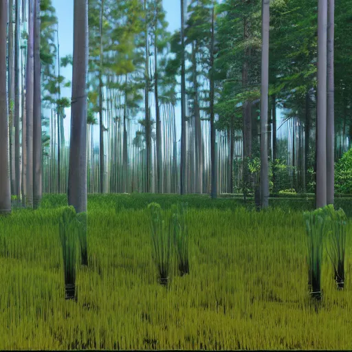 Image similar to cattail forest scaled up to human size, riding a boat, concept art, 3 d render, realistic, focused