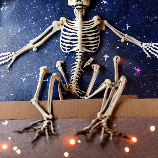 Image similar to stop motion bipedal halloween skeletal eel skeleton fantasy mermaid with a boney fish body, on a spray painted cardboard dock with a hand painted night sky full of led glittery stars, adorable, side profile, macro camera lens