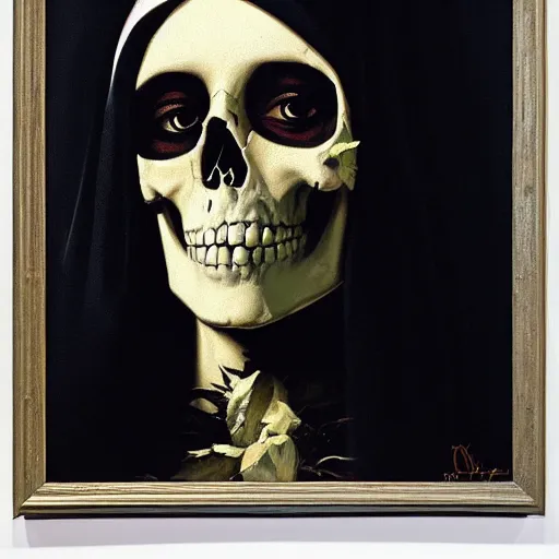 Image similar to painting of the virgin mary skull face by greg rutkowski and warhol and banksy and jc leyendecker