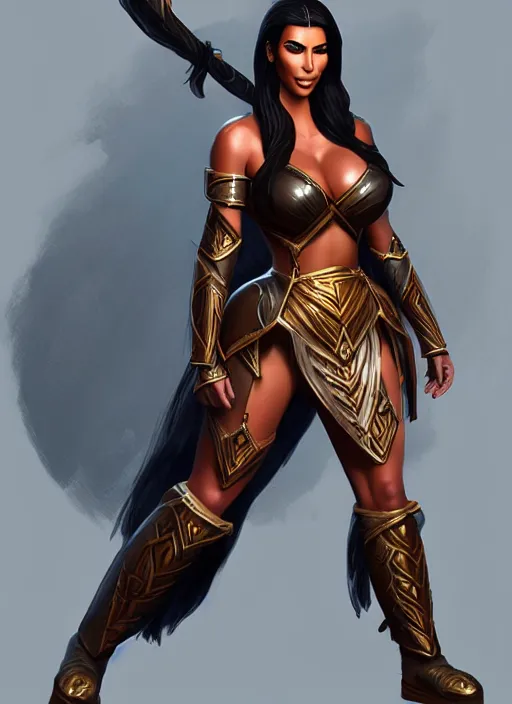 Image similar to kim kardashian as a warrior princess, full body, concept art, rim lighting, stanley lau, detailed, sharp focus, trending on artstation