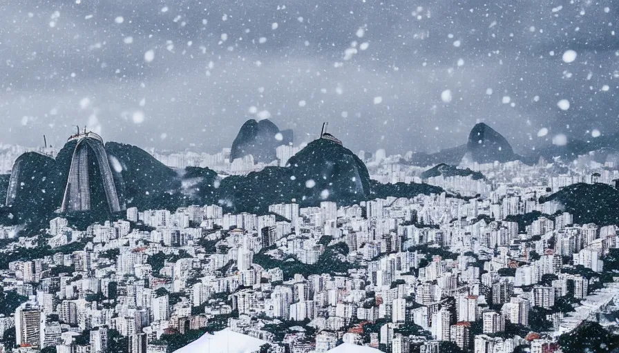 Prompt: the city of rio de janeiro covered in snow, winter photograph, snowing, view from copacabana beach, 4 k, award winning photograph, beautiful, trending on instagram