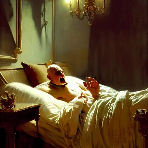 Image similar to the pope is in his bed, nervous and terrified, because a double horned shadow demon from hell lurks in the wallpaper of the bedroom. highly detailed painting by gaston bussiere, j. c. leyendecker, greg rutkowski, craig mullins 8 k