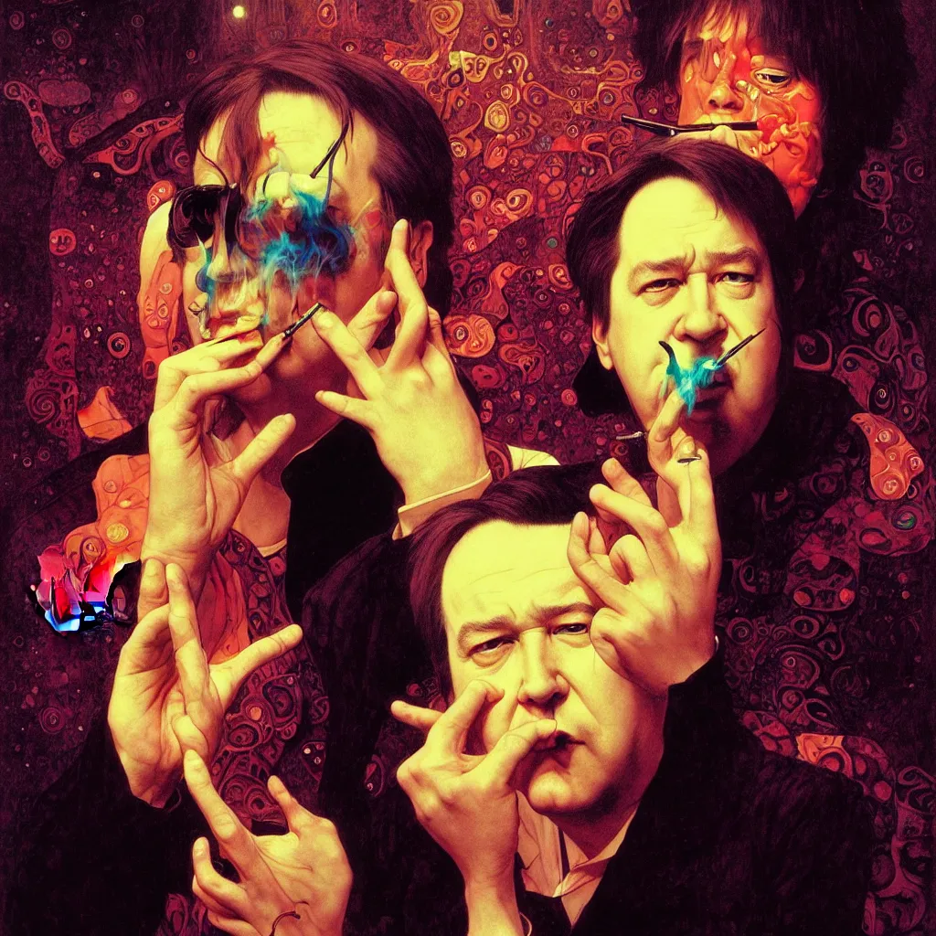 Prompt: weird and disturbing portrait of bill hicks smoking, vivid colors, neon, art by ( ( ( kuvshinov ilya ) ) ) and wayne barlowe and gustav klimt and artgerm and wlop and william - adolphe bouguereau