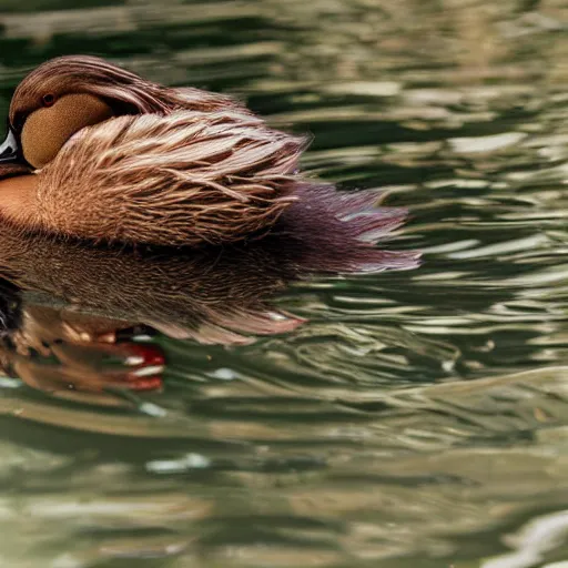 Image similar to A high detail closeup shot of a duck wearing a suit