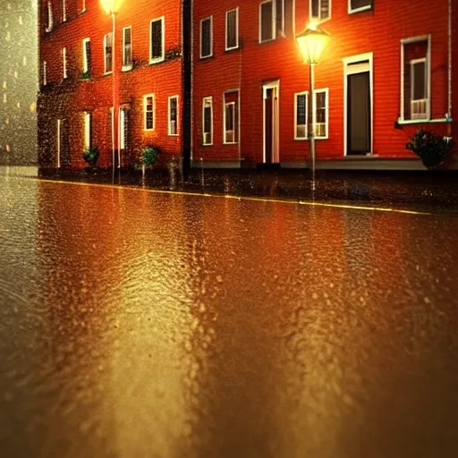 Prompt: dark rainy night, lights, swedish red houses, cars driving, rain on screen, realistic, cinematic, raytracing, intense detail, artstation