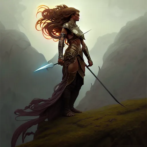 Image similar to A epic fantasy portrait of a warrior woman, standing on a cliff, castle setting, horror movie lightning, intricate, elegant, highly detailed, digital painting, artstation, concept art, matte, sharp focus, illustration, art by Artgerm and Greg Rutkowski and Alphonse Mucha