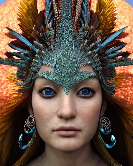 Image similar to 3 d warrior goddess close - up profile portrait. beautiful intricate highly detailed chuu! magpie helm and richly embroidered blouse, quetzalcoatl, stingray, bioluminescent, plasma, lava, ice, feather, wind, stormy, artwork by tooth wu and wlop and annie leibovitz, octane 3 d render