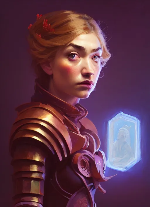 Image similar to side portrait, imogen poots, paladin, gloomhaven, organic painting, hard edges, red - blue tones, luminescent, octane render, by greg manchess, huang guangjian, gil elvgren, sachin teng, greg rutkowski, jesper ejsing, rhads, ilya kuvshinov, cushart krenz