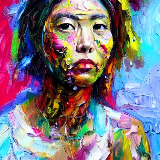 Prompt: highly detailed palette knife oil painting of a woman in the style of David Choe