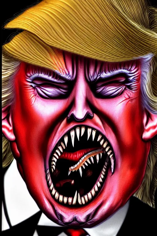 Image similar to donald trump dracula, fangs, character portrait, close up, concept art, intricate details, hyper realistic, in the style of otto dix and h. r giger