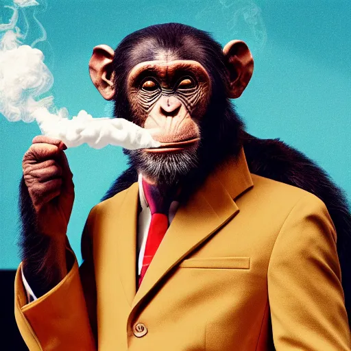 Image similar to a high detail shot of a chimp wearing a suit and smoking