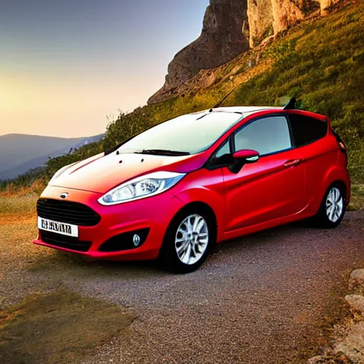 Image similar to red ford fiesta mk 5 zetec on a mountain road, spain, award winning photograph, golden hour