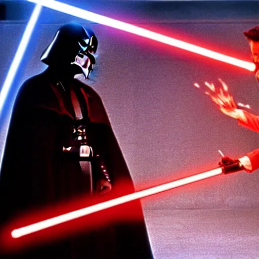 Image similar to a film still of Alec guiness as obiwan kenobi dueling darth maul in star wars 1977. medium shot. light sabers