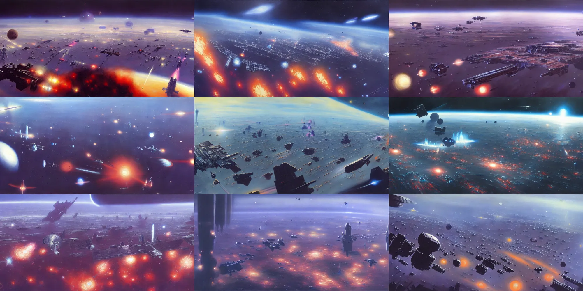 Prompt: a gorgeous painting of the low earth orbit space city under war by john harris. ultra clear detailed. 8 k