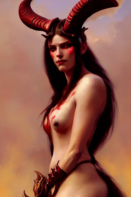 Image similar to painted close - up portrait of a attractive red - skinned intimidating demon girl with ram horns! oil painting, wearing a noblewoman's outfit, fantasy art by greg rutkowski and john singer sargent and gaston bussiere, demon noble character design, hd