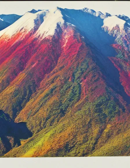 Image similar to vintage color photo of Cordillera De Los Andes covered in multicolor fluid reflecting light, 8k definition