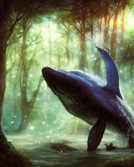 Image similar to Whale playing Trumpet in magical forest, portrait, wearing hat, magical notes, fairy atmosphere, magic the gathering artwork, D&D, fantasy, cinematic lighting, centered, symmetrical, highly detailed, digital painting, artstation, concept art, smooth, sharp focus, illustration, volumetric lighting, epic Composition, 8k, art by Akihiko Yoshida and Greg Rutkowski and Craig Mullins, oil painting, cgsociety