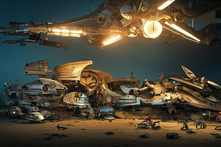 Image similar to spaceship junkyard many small robots working spotlights highly detailed award winning 4k