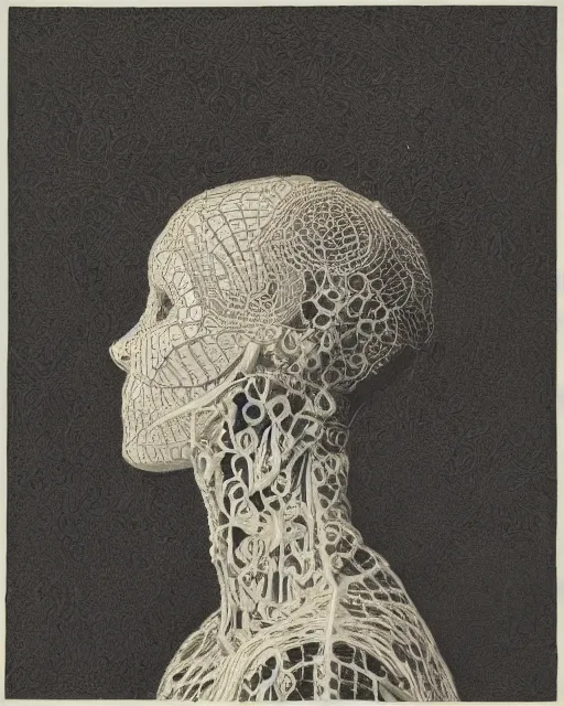 Image similar to a woman's face in profile, made of intricate decorative lace skeleton, in the style of the dutch masters and gregory crewdson, dark and moody