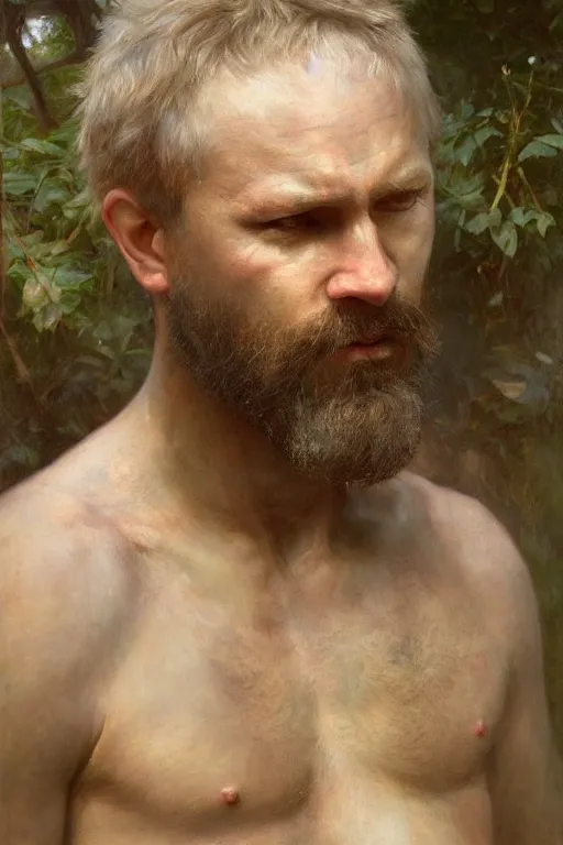 Image similar to Male primal hunter by Alyssa Monks, Bouguereau. full-shot, hyper realism, realistic proportions, dramatic lighting, high detail 4k