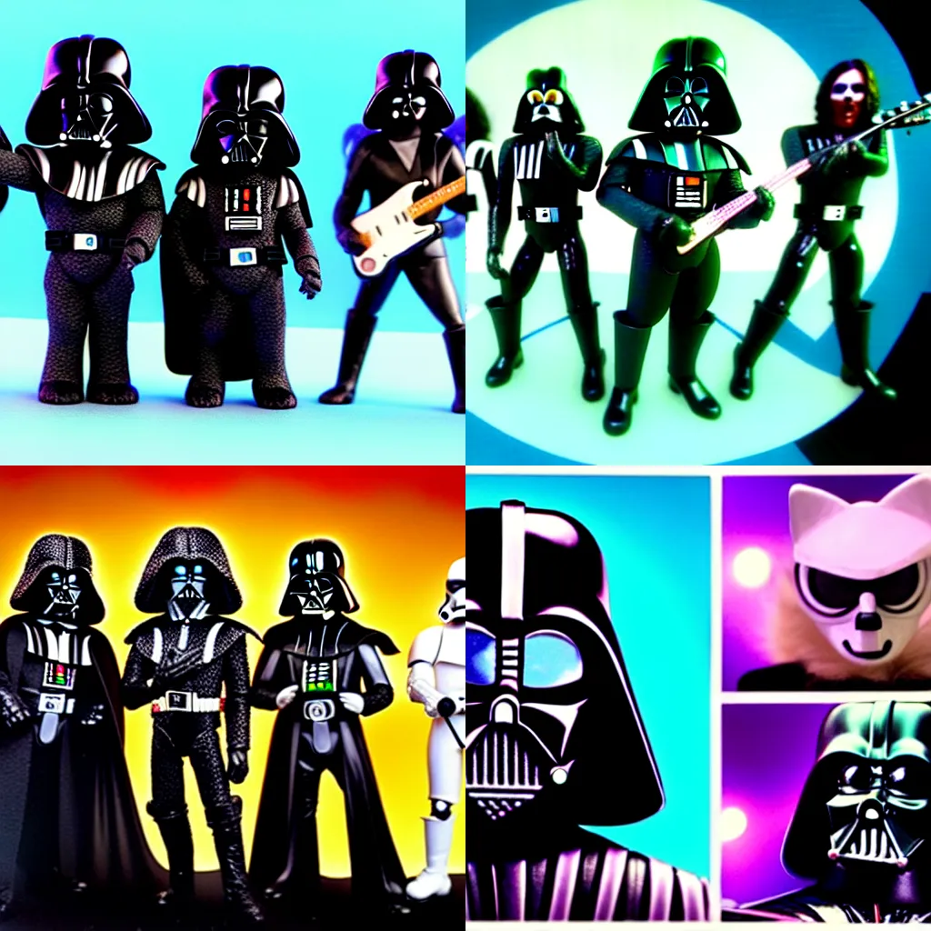 Prompt: claymation cyberspecial featuring the band kiss, darth vader, and cats wearing sunglasses