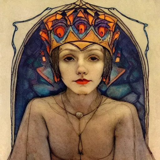 Image similar to the lantern crown, by Annie Swynnerton!!!! and Nicholas Roerich! and (Edmund Dulac) and ((((Diego Rivera)))), tattoos, elaborate costume, geometric ornament, symbolist, rich colors, dramatic lighting, smooth, sharp focus, extremely detailed