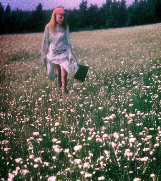 Prompt: encounter with satan in beautiful meadow of flowers, film photo from 1970s, grainy, high detail, high resolution