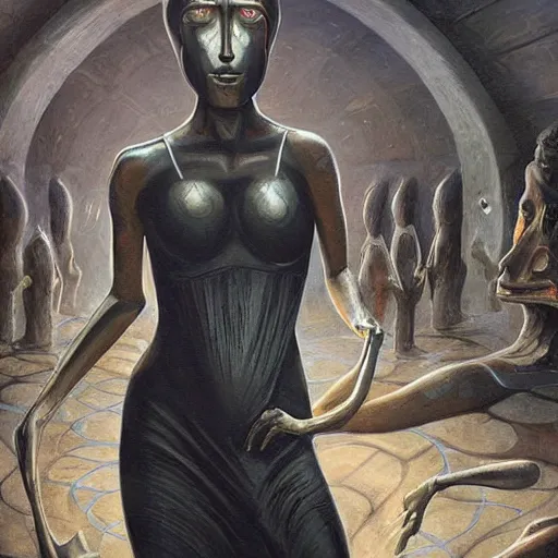 Image similar to detailed face of a woman with obsidian eyes in a biomorphic courtyard with dna sculptures at a science expo, atmospheric, ambient, pj crook, syd mead, livia prima, artgerm, greg rutkowski, nick alm, casey baugh