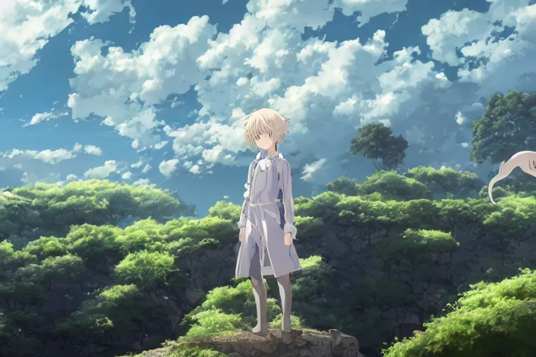 Image similar to a vast scene, panorama distant view, hyper detailed scene render of a boy and white lion, anime key visual of violet evergarden, finely detailed perfect face delicate features directed gaze, in the white clouds fairyland, golden curve structure, animation portrait concept art, trending on pixiv fanbox, violet evergarden, studio ghibli, james jean, extremely high quality artwork