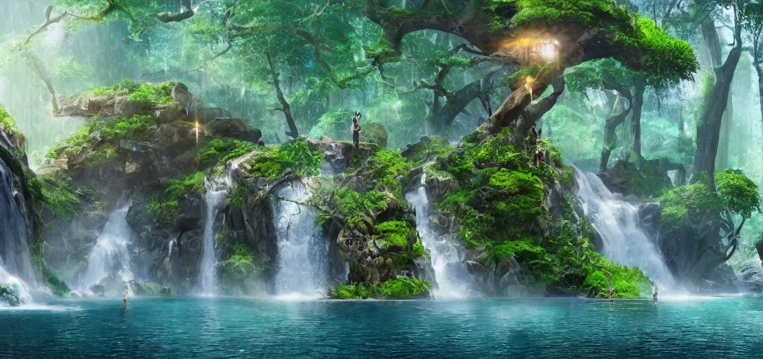 Image similar to a beautiful futurist forest island with waterfall floats in the air, matte painting, 4 k, details