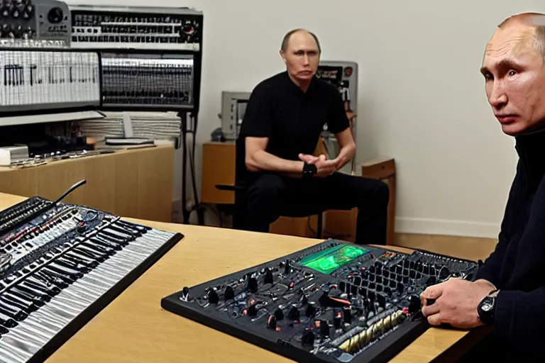 Prompt: Vladimir Putin programming a drum beat on a Roland Tr-909 in his moody music studio