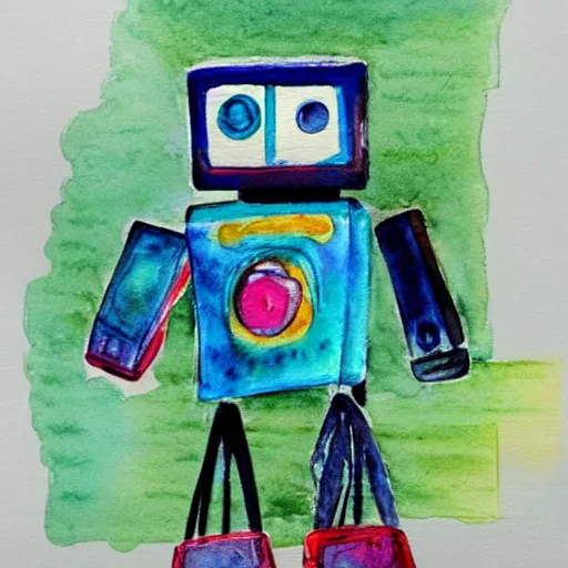 Prompt: a children's book watercolor illustration of a broken robot