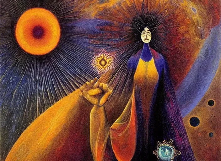 Prompt: a beautiful shaman woman holding up the cosmic!!!!! universe, by remedios varo, reflection, symbolist!, psychedelic colors, dramatic!! lighting, smooth, sharp focus, extremely detailed, aesthetically pleasing composition