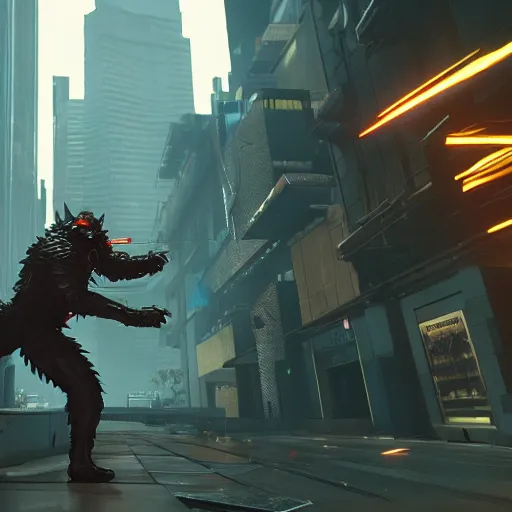 Image similar to cyberpunk werewolf holding a katana and jump on ng into action, action scene screenshot, unreal engine