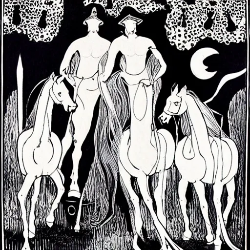 Image similar to four horsemen of the apocalypse, aubrey beardsley