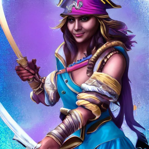 Image similar to a swashbuckling pirate with iridescent!!!! skin!!!!!, she is holding melee weapons