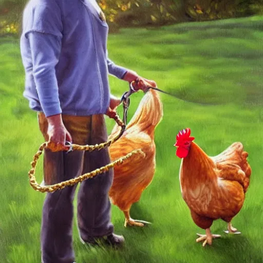 Image similar to chickens owning a human pet, human on leash, chicken is holding the leash, oil painting, hyper realistic,