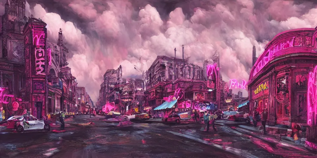 Image similar to oil painting, a lot of punks, pink, cool punk close - up, rich deep colors masterpiece, make a stunningly detailed art, neon, ultra detailed, contrast, heaven pink, lots of roman arches, punk rock with mohawks, clouds, sky, volumetric light, atmospheric lighting, dramatic, highly detailed, cinematic, moody, octane render 4 k, 8 k