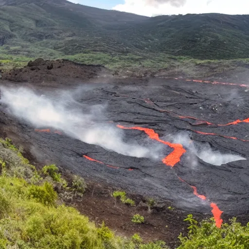 Image similar to a panoramic landscape with a stream of lava flowing down the valley. From the hills many KFC buckets on sticks are poking out on different angles