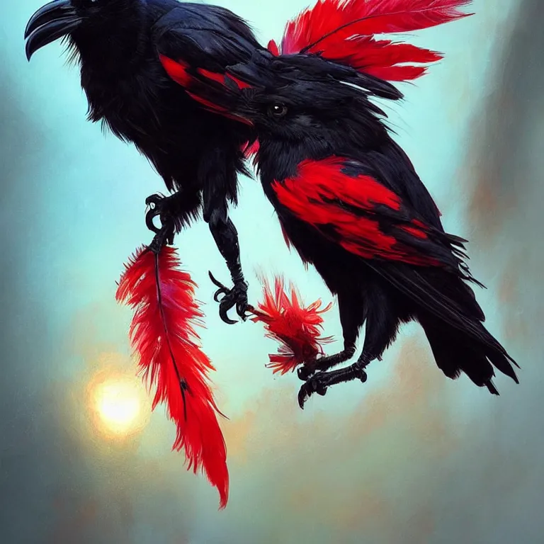 Image similar to beautiful black raven bird with long red feather highlights, cute, intricate, highly detailed, digital painting, trending on artstation, concept art, smooth, sharp focus, backlit, rim light, vivid colors, illustration, unreal engine 5, 8 k, art by rossdraws and alphonse mucha