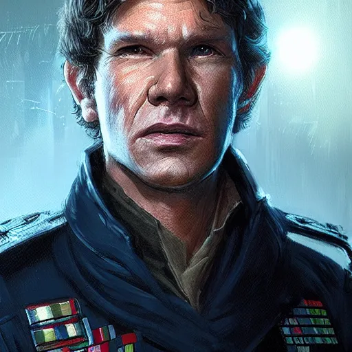 Prompt: portrait of a Man by Greg Rutkowski, Han Solo as an Admiral of the Galactic Alliance, he is about 70 years old, wearing military navy uniform of the Galactic Alliance, Star Wars Expanded Universe, highly detailed portrait, digital painting, artstation, concept art, smooth, sharp foccus ilustration, Artstation HQ